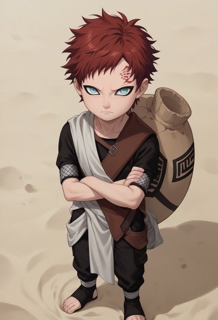 score_9, score_8_up, score_7_up, highly detailed, cute boy, 1boy, solo, young, Gaara, Red Hair, Pale Blue Eyes, Facial Mark , Black Short sleeve shirt, White Cloth Sash, white cloth loincloth, leather strap, gourd, black pants, toeless footwear, arms crossed, sand