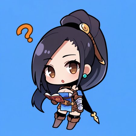 masterpiece, best quality, 1girl, solo, full body, chibi, standing, :o, holding, open book, ?, <lora:RaynieRH-illu:1> raynRH, black hair, long hair, high ponytail, hair ornament, brown eyes, earrings, armored dress, cleavage, bare shoulders, detached sleeves, vambraces, brown gloves, belt, short dress, pleated skirt, black thighhighs, thigh boots, black cape, blue background