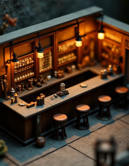 (indoor,very wide isometric view,tilt-shift lens:1.6), (miniature,diorama,no_realistic,no_photo:2) of (stasis _chamber:1.5), bar