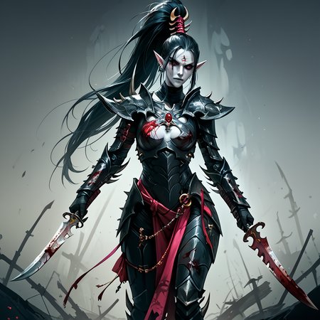 score_9, score_8_up, score_7_up, score_6_up, score_5_up, score_4_up, source_anime, <lora:aeldari_Pony_2:1> aeldari, drukhari, standart drukhari, full black drukhari's armor, 1girl, armor, blood, colored_skin, dagger, holding_sword, holding_weapon, jewelry, long_hair, pointy_ears, sword, weapon, pale skin, ((black armor))