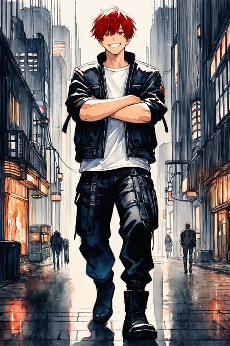 masterpiece, best quality, amazing quality, very aesthetic, high resolution, ultra-detailed, absurdres, newest, rim light, (watercolor_\(artwork\):1),<lora:WCXLN2dot0:0.74>, science fiction, cityscape, city, street, 1boy, man, walking towards viewer, looking at viewer, grin, mature, black leather jacket, white t-shirt, red eyes, red hair, short hair, leather pants, black boots, full body, tall, crossed arms,