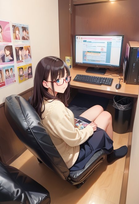 score_9, score_8_up, score_7_up, rating_safe, masterpiece, best quality, absurdres, unity 8k wallpaper, official art, official style, source_anime, uncensored, game cg, megami magazine,
glasses, 
necafe, scenery, keyboard (computer), computer, solo, indoors, monitor, chair, long sleeves, sweater, 1girl, desk
<lora:NetCafe_PONY_V1:1>