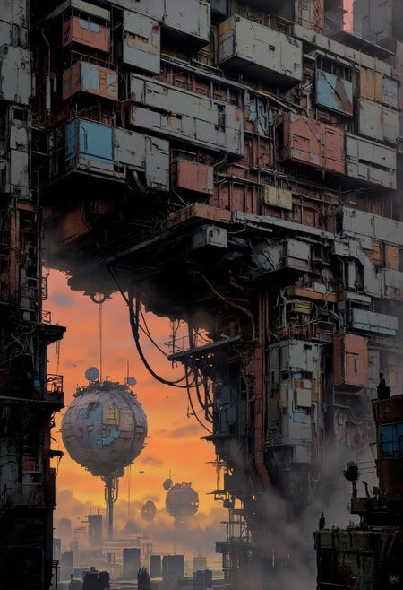 Monochrome ni-style Manga Sketch. Towering above the Earth and reaching into the orbit, massive floating structures dominate the scene. These round, sci-fi residential blocks, sprawling like a chaotic web, are riddled with exposed cables, glowing panels, and densely packed windows. The buildings, a mix of sleek technology and weathered neglect, resemble slums suspended in space. Some sections gleam with futuristic metals, while others are patchwork repairs of rusted material and mismatched parts. Pipes snake across their surfaces, and clusters of satellite dishes and antennas protrude chaotically.
The horizon fades into a misty abyss, with soft orange light illuminating the endless layers of floating buildings. Between them, strands of illuminated cables stretch, creating a spiderweb-like network. The backdrop merges the ethereal glow of Earth's atmosphere and the cold, dark expanse of outer space, highlighting the stark contrast between humanity's technological ambition and its descent into chaos. The fusion of forgotten technology and haphazard architecture evokes a haunting yet mesmerizing atmosphere of survival amidst decay.