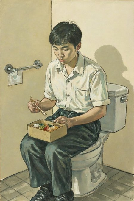 ethelleontinegabain1 painting.
A Japanese student sitting on a toilet, wearing a white shirt and dark pants, eating a box lunch bento with chopstick.  <lora:ethelleontinegabain1_cap_d8a4:1.0><lora:862160113085987526:0>