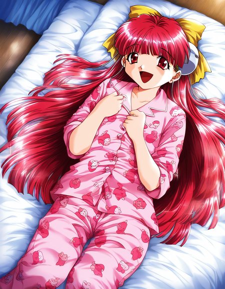 score_9, score_8_up, score_7_up, source_anime, rating_explicit, BREAK  <lora:Nanako_RISE_XL:1>ãNanako_RISE, long hair, red hair, red eyes,  bangs,  hair bow, headgear, yellow bow, solo,
pink pajamas, animal print,  lying, open mouth,  happy, long pants,
bed room, flooring,