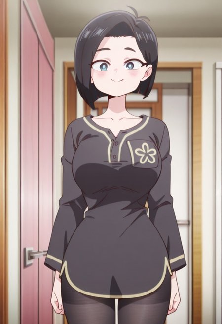masterpiece, best quality, amazing quality, very aesthetic, absurdres, diives,
anime coloring, anime screencap, masterpiece, best quality, amazing quality,
 <lora:Sanae_Yamada_The_Dangers_in_My_Heart_-_Illustrious_V2:1>
anime screencap, anime coloring, detailed face,
1girl, solo, black hair, short hair, bob cut, collarbone, large breasts,
Sanae pajama outfit, black shirt, pajamas, black pantyhose, in a house, looking at the viewer, sexy smile, cowboy shot
,diives