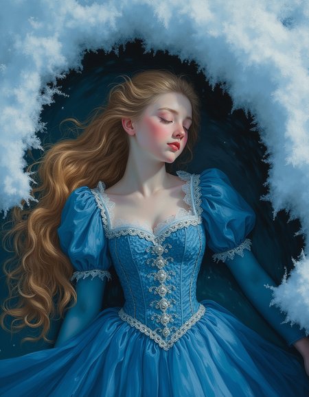 An ultra-detailed, portrait oil painting of petite teen Princess Rapunzel laying in the water of a in a hole cut in a frozen lake is captured in a serene and ethereal moment. Her skin is of the palest white, eyes a deep blue, lips have a slightly blue tint to their color, and her hair is long and flowing golden locks. She is adorned in a beautifully detailed corseted Victorian dress. The dress is elegant, with intricate lace detailing, a fitted corset that accentuates her waist, and cascading layers of fabric. The bodice is adorned with delicate embroidery and pearl beads, and the sleeves are slightly puffed, giving it a regal look from the Victorian era. The fabric of the dress is a deep, royal blue contrasting against the icy landscape. Her hair, long and golden, is gently spread out, floating around her in the water.
The setting is a tranquil, frozen lake with a hole cut into the thin ice. The icy surface around the hole reflects the soft light of the setting sun, casting a gentle glow over the scene. The water in the hole is dark yet clear, creating a striking contrast with the ice. Rapunzel lays serenely in the water, her eyes closed in peaceful repose, her expression calm and content.
The atmosphere is serene and magical, with soft snowflakes gently falling around her, and the quiet stillness of the icy landscape adding to the dreamlike quality of the scene.
Focus on the girl, shadow and light, Masterpiece, intricate lines, intriguing atmosphere, sharp magnificent details, delicate features, elaborate details, (2\3 rule composition:0.5), ultra detailed, romantic, Rembrandt lighting, brush stroke, lovely, novuschroma, in the style of Rembrandt. vantablack <lora:style_of_Rembrandt_FLUX_135:.8> <lora:- Flux1 - vanta_black_V2.0:.6> <lora:113_novuschromaFLX_1:.3> <lora:neeeg_f1:-1>