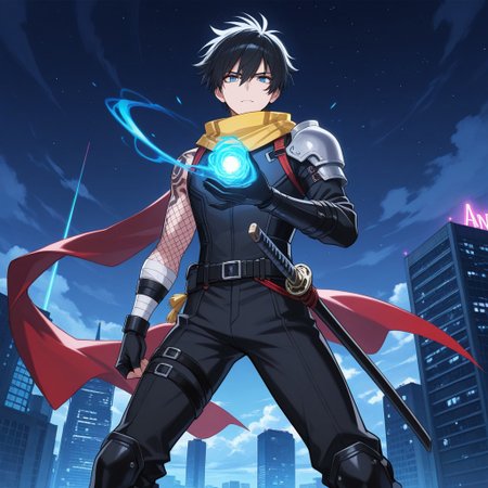 score_9, score_8_up, score_7_up, score_6_up, highly detailed, masterpiece, best quality, detailed, intricate details, amazing quality, best aesthetic, absurdres, source_anime, male focus, 1boy, red scarf, bodysuit, shoulder armor, armor, legs apart, fishnets  belt, tassel, sheathed, katana, bandaged arm, black hair, blue eyes, male focus, yellow scarf, tattoo, short hair, magic, wind and lighting magic, skyscraper, neon light, starry, edge, tile, outdoor, cloud, masterpiece, best quality, ultra-detailed, illustration, an extremely delicate and beautiful, beautiful detailed eyes,unity 8k wallpaper, high resolution, anime CG, official_art,