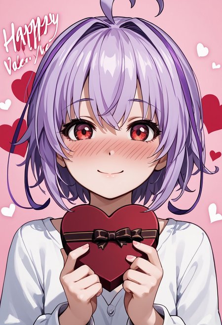 score_4,score_5,score_6,score_7_up,score_8_up,score_9 ((masterpiece,best quality,ultra detailed,highres,HD,4k:1.2)), 
1girl, solo,solo focus,girl focus,face focus,
Joule(GV1),Purple hair,side locks,ahoge,multicolored hair,short hair, red eyes,
upper body,
pov,from the front, front view, front angle, 
Happy Valentine's Day, Valentine's chocolate, holding wrapped chocolate, 
heart background, 
full face blush,Embarrassing,smile,closed mouth,