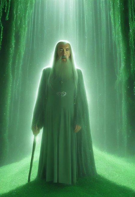 photo of the wizard Gandalf from Lord of the Rings , ((background of little green data_symbols falling down like rain)), ascii-symbols falling down like rain, the matrix, magic realism, from the film matrix, datastream,masterpiece, (best quality:1.2),, ray-tracing, high resolution, UHD, HDR, 64K, octane render, high quality