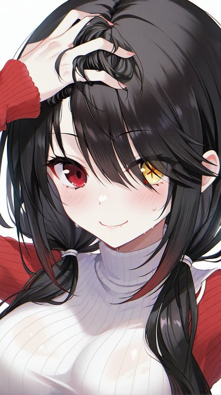 tokisaki_kurumi, 1girl, solo, long_hair, breasts, looking_at_viewer, blush, smile, bangs, large_breasts, simple_background, black_hair, red_eyes, long_sleeves, white_background, hair_between_eyes, twintails, closed_mouth, yellow_eyes, multicolored_hair, sweat, sweater, symbol-shaped_pupils, turtleneck, low_twintails, heterochromia, eyes_visible_through_hair, ribbed_sweater, turtleneck_sweater, white_sweater