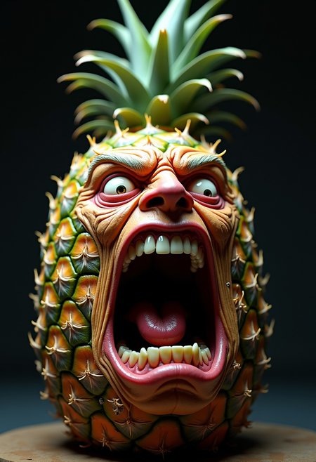 Hyperrealistic pineapple with a grotesquely anthropomorphic face, screaming in intense rage or agony. Cylindrical shape with rough, spiky green and brown skin, transitioning seamlessly into wrinkled, flesh-like features. Eyes bulge outward, bloodshot and strained, with pale, watery flesh forming eerie eye sockets. Brow deeply furrowed, creating harsh lines across the pineapple's surface. Nose scrunched and flared, nostrils clearly visible. Mouth stretched impossibly wide, revealing rows of human-like teeth and a moist, glistening tongue. Lips pulled back in a snarl, exposing gums. Cheeks contorted, emphasizing the screaming expression. Skin pores and fine hairs visible on the face portion, blending into the rough, scaly pineapple texture with its interlocking hexagonal shapes. Vivid green and yellow coloration with subtle variations in tone, highlighting the fruit's rugged surface. Harsh lighting from above casts dramatic shadows, accentuating the three-dimensional quality and the grotesque facial features. Background is a neutral grey gradient, focusing attention on the surreal, nightmarish pineapple creature.
