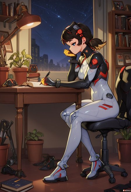 masterpiece, best quality, medium breasts, (curvy),   BREAK, solozz, solo, woman, 1girl, medium hair, blue eyes, multicolored hair, low twintails, black hair, blonde hair, hair ornament, bodysuit, full bodysuit,  zzLofi, sitting, side view, desk, chair, book, bookshelf, head rest, holding, holding pen, lamp, night, open book, pen, plant, potted plant, sky, star (sky), starry sky, window, windowsill, writing,   ,    <lora:LofiGirl_Style_IXL:1.0>,