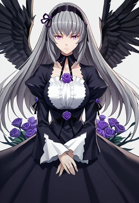 score_9, score_8_up, score_7_up, score_6_up, score_5_up, score_4_up, source_anime, solo, 1girl, 
suigintou, milf, pink eyes, grey hair, long hair, hairband, black wings, huge_breast, dress, long sleeves, puffy sleeves, frills, purple rose. 
masterpiece, best quality, very aesthetic, absurdres,