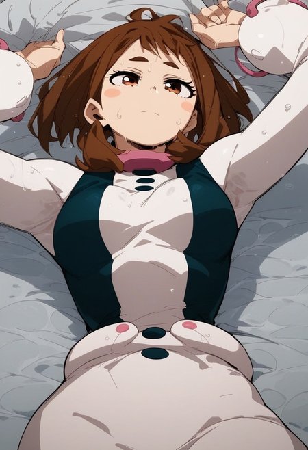 flatshinyskin, score_9, score_8_up, score_7_up , 1girl, 1girl, mosaic censoring, slight seductive pose,, medium breasts, sweating, breasts,, long skirt, 1girl, solo focus, Upper body, hands behind, wet, sweaty, sweating, steam, lying on back, low angle, under boobs, 
ochako_uraraka, 1girl, score_9, score_8_up, score_7_up,  ANIMESTYLE ,bodysuit, solo focus, perfect body, curvey, thick waist, thick body, skin tight dress, , front view, front focus,
 ((facing up, looking upwards)), arched back, leaning backwards
