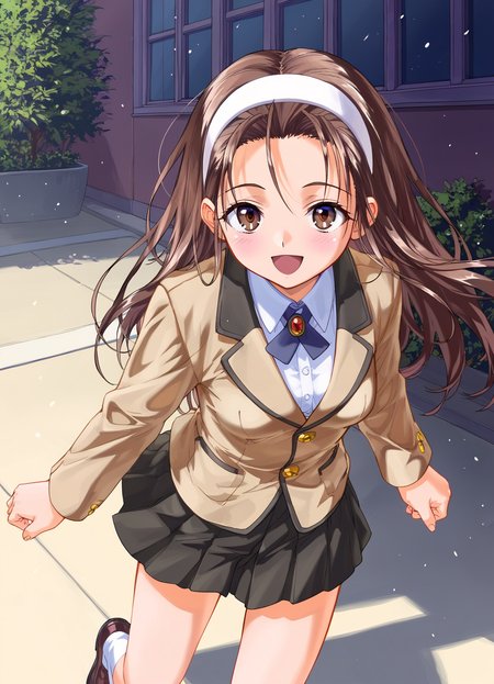 score_9, score_8_up, score_7_up, masterpiece, best quality, absurdres, official art, official style, anime screencap, megami magazine, zPDXL2, zPDXLxxx, <lora:Itsuki Haruka (Escalation -Hard Core-) Pony v1_epoch_10:0.7>, 1girl, solo focus, itsuki_haruka, large breasts, BREAK, tareme, brown eyes, BREAK, black hair, brown hair, long hair, bangs, sidelocks, forehead, BREAK, white hairband, hairband, BREAK, school uniform, blazer, brown jacket, long sleeves, buttons, BREAK, white shirt, BREAK, miniskirt, pleated skirt, black skirt, BREAK, white legwear, BREAK, loafers, BREAK, <lora:neg4all_bdsqlsz_xl_V91:1.0> <lora:ALTXL_pony_0061_8:2.0>, <lora:detailed_hands-000002:1>, hand cowboy shot, looking at viewer, smile, (open mouth:0.5), outdoors, (standing, running_forward, dash:1.1), street, evening, sunset, dim lighting, light particles, ((on stomach)), ((from above))