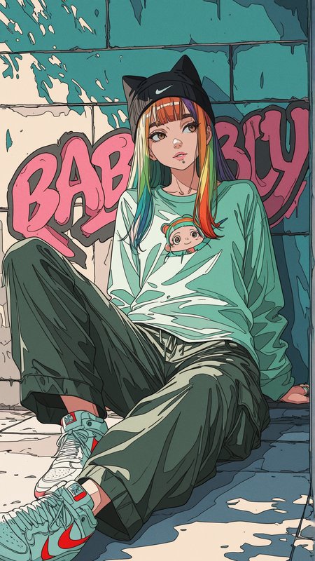 1girl, female, portrait, (ligne claire:1.7, impressionism:1.4),
best quality, masterpiece, 
long hair, (rainbow hair:1.3), blunt bangs, thick eyebrows, black eyebrows, brown eyes, beautful eyes, pink lips, parted lips, (baby green t-shirt:1.4), (long sleeves:1.3), cat ear beanie, cargo pants, wide pants, nike sneakers, nike \(company\), rings, floral tattoos, nose piercing, lip piercing, leaning back, against wall,  
facing viewer, front view, looking away, lying on ground,
graffiti, graffiti wall, sunlight, dappled sunlight, colorful