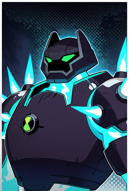 <lora:shckrck-09:1> shckrck, glowing, shoulder spikes, green eyes, no humans, male focus, neon trim, helmet, blue fire, masterpiece, best quality, amazing quality, very aesthetic, absurdres, newest,, upper body, halftone effect, white borders, abstract background:1.2,