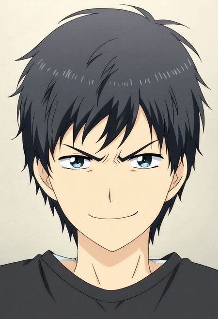 high resolution, solo, best quality, 1Boy, Arata Kaizaki, Black Hair, potrait, dark shirt, looking at viewer, focused gaze forward, simple background, straight body, upper body, head upright, angry, smile, OverallDetail