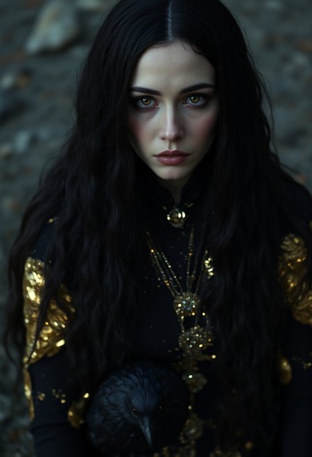 A 1800s gaunt elegant mysteriously seductive woman, overwhelmingly long hair, haunted bright eyes, looking at viewer, sulking, eye contact, soulful, fascinating, crow companion, golden reflective accents on body accessories, masterpiece. alienzkin, halloween