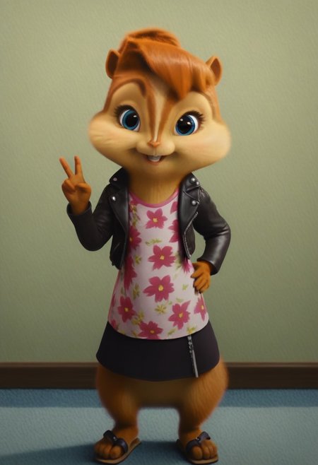 score_9, score_8_up, score_7, score_6, detailed background, indoors , lounge, windows, painted walls, brittany miller, chipmunk, furry, short ears, white floral shirt, black leather jacket, floral mini skirt, sandals, standing, hand on hip, peace sign, looking at viewer, front view, cute smile, 6 inches tall