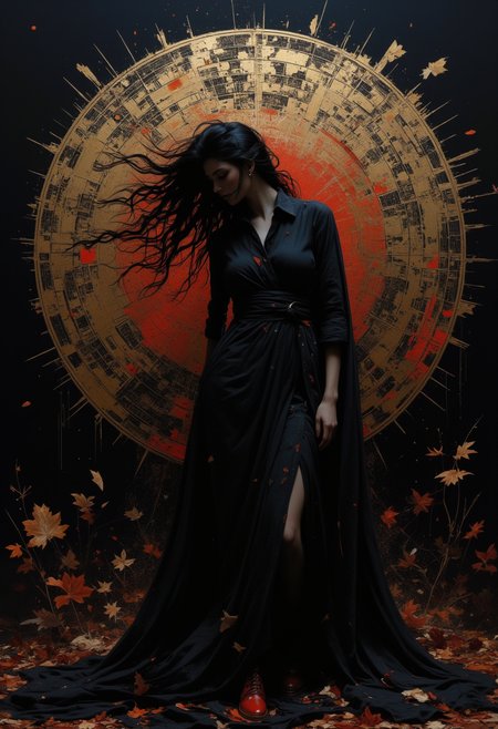 fashion photography,(full body:1), Hyper-realistic full-body artwork titled 'Synthesis,' inspired by I.A. Vepkhvadze (1976) and Yumihiko Amano. A hidden young woman in a dynamic pose, her form almost a silhouette, blending strong abstraction with hyper-detailed elements. Her long hair flows organically, merging with the tricolor organic background in shades of deep crimson, black, and gold. The background is a chaotic yet harmonious mix of geometric patterns and organic shapes, evoking concepts like Möbius Cascade, Supernova Ripple, Luminous Fracture and Harmonic Collision. The woman's pose conveys pain and tension, her body twisted as if caught in an invisible force. Her figure is partially obscured, with sharp, angular lines cutting through her form, creating a sense of fragmentation and abstraction. Lighting is dramatic, with stark contrasts between light and shadow, emphasizing the textures of her skin and hair. The overall composition is surreal yet hyper-realistic, blending emotional depth with mathematical and scientific symbolism. The atmosphere is intense, with a haunting beauty that draws the viewer into the woman's struggle and the abstract world around her., noir-like atmosphere, enhancing the subject’s enigmatic presence., (the ICON inscription), . 
  .

An otherworldly atmosphere.  Epic.. The overall composition feels cinematic, blending high fashion with a science fiction aesthetic. . . (Depth of field), low saturation,detail. ,,. ,,. masterpiece, best quality, medium-format camera, high-contrast, dramatic lighting, striking composition, . (Depth of field), low saturation,detail. mythp0rt, charismatic., ,,. masterpiece, best quality, dramatic lighting,. 

 An otherworldly atmosphere.
(Depth of field), low saturation,detail. mythp0rt Stylish, charismatic.PA
,,sNOW wHITE,   

 (Depth of field), low saturation,detail. mythp0rt Stylish, charismatic., belle
 
(Depth of field), low saturation,detail. mythp0rt Stylish, charismatic. ,.

, low saturation,detail. mythp0rt Stylish, charismatic. ,,aidmamj6.1,ne0nfant4sy, The background is minimalist, a gradient of shadowy blue tones, amplifying the ethereal and futuristic ambiance of the scene. . Thin border of tiny maple leaves that glitch and fade around the edges overlaid on a black border background...

with rays of sunlight piercing through the misty atmosphere. masterpiece. An otherworldly atmosphere, Mysticism. mythp0rt, 

(Depth of field),detail. mythp0rt, Stylish, charismatic.



,  Otherworldly atmosphere. aidmamj6.1
(Depth of field), low saturation,detail. mythp0rt Stylish, charismatic.c.


(Depth of field),,detail. mythp0rt Stylish, charismatic. ,aidmamj6.1,ne0nfant4sy,.
<lora:domiswaunfluxmini:1>
