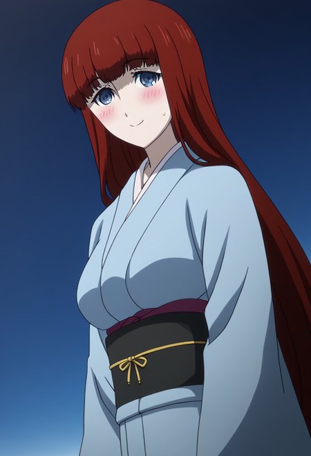 rating_safe, Ultra-high-detailed Anime illustration of Kagari Shiina from Anime Steins;Gate 0. The artwork features Kagari in a solo, standing position with a outdoors, flield and background, background in the night sky. night time. night.
She is depicted with intricate details showcasing her large breasts, natural_breasts. She is a white skinned, 22 years old woman. Kagari is looking_at_viewer with perfect_eyes, Her pupils are highly detailed. The eyes are open. blue eyes. Kagari's eyes are highlighted. Highlighted eyevrows. 
She has long hair, red colored hair, styled in blunt bangs and floating hair.
She is wearing a blue kimono and black shoes. japanese kimono, kimono.
The artistic style is intricate_details_xl with a focus on Anime art. The color palette emphasizes red and black with detailed strokes to bring out the character's features. The lighting creates dramatic shadows and highlights, adding depth to the artwork. The perspective is from a face focus, dutch angle to enhance the impact of the character's expression. This masterpiece is a true portrayal of Kagari's complex personality and will captivate any fan of Kagari. uncensored, upper body, blushing, smile, Kagari Shiina,
perfecteyes,
<lora:Steins_Gate:1>
kimono
happy new year!