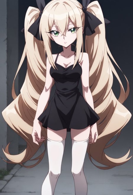 <lora:OshikiHitoshi_Pony:0.8>,score_9, score_8_up, score_7_up,OshikiHitoshi,1girl, <lora:PONY-aºº-a¤æa· a¯:0.8> ,close-up 1girl, solo, woman,  looking at viewer, green eyes, lips, anime, 2d, anime style, anime touch, shamanking, MarionFauna,solo, marion, long hair, light blonde hair, thigh highs, black camisole mini dress, ribbon, hair between eyes, twintails, very long hair, hair ribbon,shoes, black footwear, white thighhighs, zettai ryouiki, black ribbon, 1girl, alone, uncensored,<lora:Expressive_H-000001:0.8>, night streets, beautifulerect, standing, long legs, medium breasts, sharp eyes, expressionless,