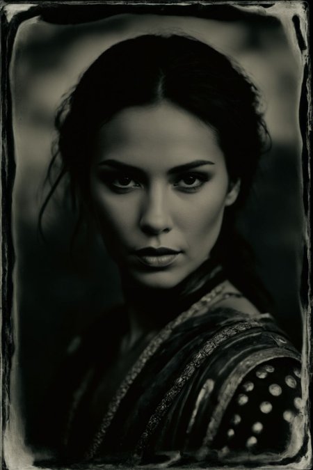 monochrome (wetplatecollodion:1.2),
a european woman wearing ancient warrior outfit,
elegant, elbows out, silhouette, nature,
selective focus, scratches
<lora:fix_hands:1>
<lora:Wet Plate Collodion_SDXLBase-000002:1>