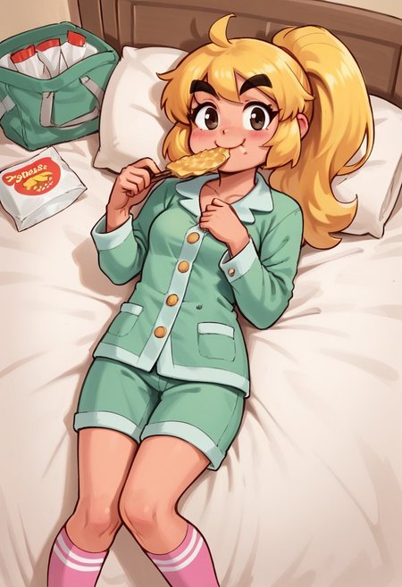 score_9_up, score_8_up, score_7_up score_6_up, 1girl, Goombella, pink skin, blonde hair, ponytail, thick eyebrows, small breasts,
BREAK
jyojifuku, green pajamas, pajamas pants, pink socks, (painted art), (on the bedroom at night), laying on the bed, holding a snack bag, eating a chips, smiling,
BREAK
 cowboy shot, dutch angle