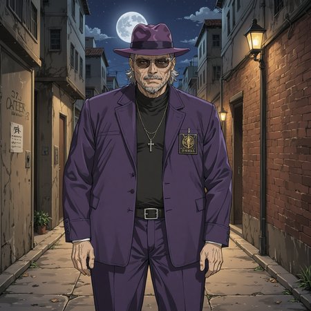 <lora:Hyper-SDXL-8steps-lora:1> 1boy, solo, old man, grey hair, beard, sunglasses, purple fedora, purple suit, alley, detective, night, moon,  <lora:Yoji_v2:1> , yoji_shinkawa