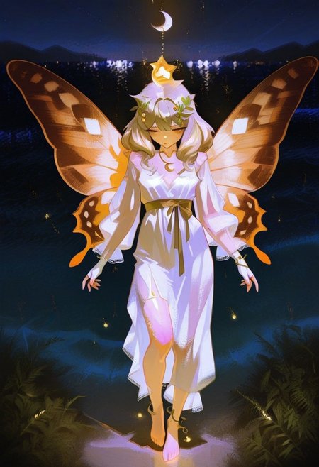 , , masterpiece, best quality, very aesthetic, absurdres, 
  shiny skin, thick black lineart, perfect face, 
1=2
painterly, brush stroke, blurry background,
Skin: Warm honey-gold (🍯) with a soft luminescence, like sunlight filtering through amber.
Hair: Moss-green (🌿) in loose, waist-length waves, streaked with silver (🌙) where the moonlight touches it.
Eyes: Golden-brown (🍯), with flecks of shimmering pollen that catch the light.
👗 Clothing:
Dress: A flowing, high-necked gown in buttery yellow (🍯), with translucent sleeves that flutter like moth wings.
Sash: A thin ribbon of ivy-green (🌿) tied around her waist, with tiny silver bells.
Footwear: Barefoot, with vines (🌿) curling around her ankles like living jewelry.
🎈 Accessories:
Hair Ornament: A single white balloon (🎈) tied with a silk ribbon, floating just above her head.
Necklace: A crescent moon (🌙) pendant filled with golden honey (🍯) that swirls when moved.
Gloves: Fingerless and lace-trimmed, the backs embroidered with tiny constellations.