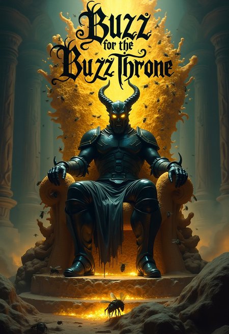A malevolent deity sits upon a twisted, honeycomb throne, its surface teeming with a swarm of dark, menacing bees, their bodies a blur of motion as they orbit around the god's imposing figure. The evil god wears dark armor, its face is silhouetted in the darkness, a visage of malevolence, with glowing yellow eyes that burn with an otherworldly intensity. The air around the throne appears to vibrate with dark energy, as if the very presence of the god is a distortion of reality. Above the throne, in dark, gothic letters, the words "BUZZ FOR THE BUZZ THRONE" are emblazoned in a curling, serpentine script, the text seeming to writhe and twist like a living thing. The entire scene is shrouded in a dark, foreboding atmosphere, with heavy, ominous shadows that appear to deepen and lengthen, as if the darkness itself is alive and watching.