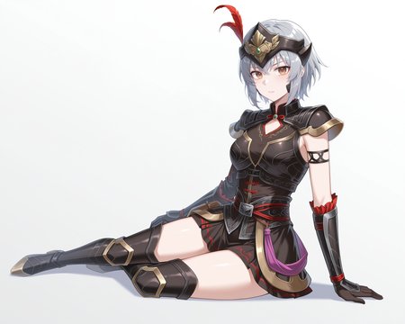 masterpiece, best quality, amazing quality, very aesthetic, absurdres, (by e.o.:0.7), (by chiharu \(9654784\):0.4), (by racoon-kun.:0.4),,
<lora:LuLingqiDW8_Illustrious:1>, Lu Lingqi, grey hair, brown eyes, short hair, medium breasts, helmet,  armored dress, shoulder armor,  gloves, black skirt, thigh boots, 
sitting, on floor, white background, simple background, shadow, looking at viewer, from side