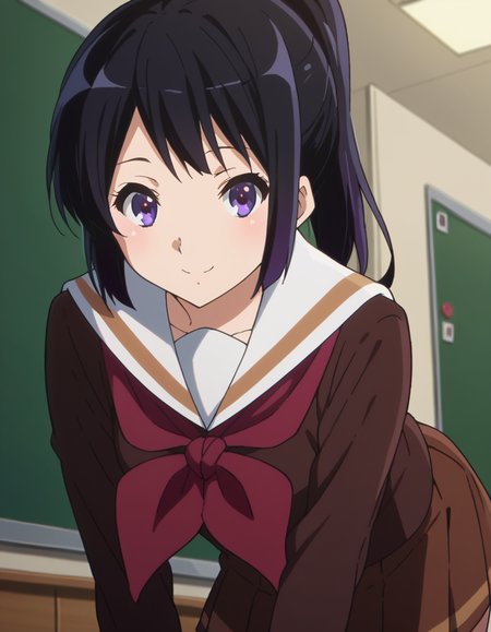 score_9, score_8_up, score_7_up, source_anime,
reinakousaka, <lora:reina-kousaka-ponyxl-lora-nochekaiser:1>,
reina kousaka, long hair, bangs, black hair, purple eyes,
ponytail, skirt, shirt, long sleeves, school uniform, pleated skirt, serafuku, neckerchief, brown skirt, white sailor collar, brown shirt, kitauji high school uniform, red neckerchief,
indoors, classroom, bent over, smile,
looking at viewer, cowboy shot, dutch angle,