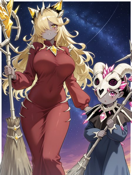 demon girl,smile,looking at viewer,2girls,large breasts,standing,:o,hair over one eye,mementotlan angwitch,grey skin,broom,holding broom,facial mark,red robe,mementotlan mace,animal skull mask,one eye covered,blue dress,holding staff,staff,black capelet,white border,starry sky,
masterpiece,best quality,amazing quality,very aesthetic,absurdres,newest,<lora:Mementotlan Angwitch & Mace illusXL v1.1:0.75>,