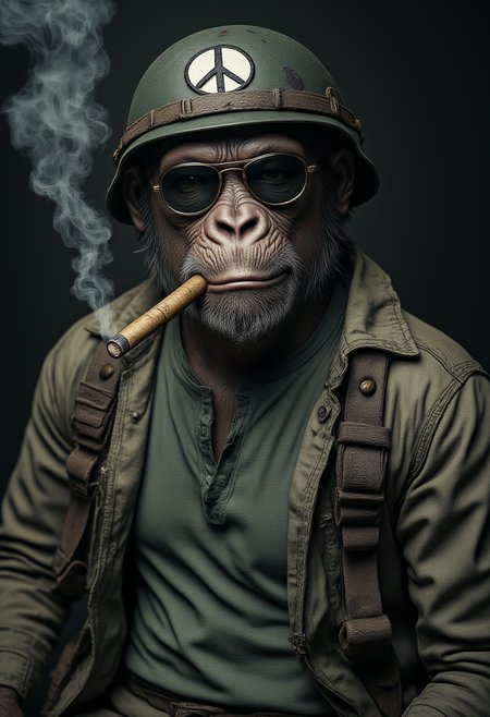 Highly detailed, cinematic photography of a grumpy anthropomorphic chimpanzee as a US Marine. Wearing a battered khaki T-shirt, disheveled military jacket, and a helmet adorned with a "pacific" peace symbol. He has Ray-Ban sunglasses and a thick Cuban cigar stub in his mouth. Upper body close-up, emphasizing his rugged and untidy appearance. Background is blurred to focus on the chimpanzee's detailed military persona, textured fur, and worn-out attire. Studio-quality lighting highlights his somber expression and scruffy attire. A distinctly brutal hippie style from the 60's and 70's. <lora:Anthropomorphic:1>, aidmaMJ6.1 <lora:aidmaMJ6.1v0.4:0.6>, hyp3rd3tail style <lora:hyper-detail-illustration:0.5>, in the style of Jed-clrfl <lora:flux-colourful:0.5>