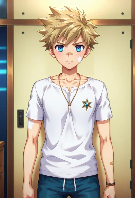 masterpiece, best quality, anime screencap, 1boy, solo, male focus, <lora:connor_bleufin_ilxl:0.98>, connor_bleufin, blonde hair, blue eyes, short hair, spiked hair, bandaid on face, necklace, cowboy shot