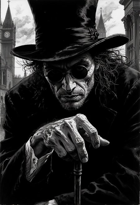 Picture of an old man with a grim thin face. He is wearing black suit and top hat, hand resting on cane. He has roundish shades, hiding his eyes. His face is thin, stern. He feels like imposing Victorian era gentleman.  B&W 
Madness emits from his face.