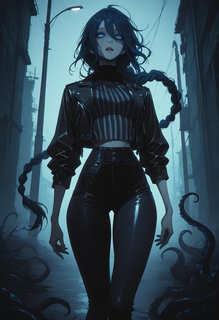 LDSCH Style, aesthetic, , p1n04rtstyl3,pinoartstyle,pino art style, LeIsT0_illu, masterpiece, best quality, masterpiece \\\\(quality\\\\), depth of field, cinematic, shadow, chromatic aberration, 
1woman, solo, dark blue hair, ((hair in long single braid)), (((very long braid))), blue eyes, pale skin, parted lips, ((slim body)), fit slim, (small breasts), dynamic angle, portrait, thick thighs, skinny body, narrow waist
Wearing leather jacket, (((striped crop top))), wearing skinny jeans, tight jeans, wearing black converse sneakers
Walking down a dark ally, very heavy fog, misty Street, Street lamp, dark humanoid silhouettes in the fog, Erie feeling, horror theme
fflix-shadows, Shadow humans in the fog, tentacle people in the fog, Shadow tentacles, CR33P1NGF0G, fog, fog, dark, night, haze, eldritch_abomination, horror_(theme)