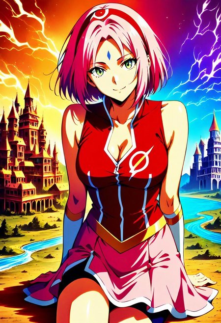 masterpiece, best quality, amazing quality, very aesthetic, absurdres,  newest, cowboy shot , sitting , cross legs  (detailed face),  detailed facial expression ,1girl, ((haruno sakura)) , pink hair, bob cut hair, green eyes, hairband, sleeveless,  ((fire shirt)) (firm breast) ,pink skirt ,  bike shorts,^_*,  toeless boots , (anime coloring,red hairband,facial mark, forehead mark), leg bandages , athletic body , sexy seductive , smile:1.3, detailed background castle , old medieval time , red glowing clouds , god rays , shadows , rainbow , hyperrealistic background , river  , elden ring  erdtree made of golden and blue and red and yellow and purple lightning thunder trails , rating pg , ( cleavage1.2) ,lthndrtrl, the flash a girl woman wearing a hero suit, the suit made of red and pink and orange and yellow and purple lightning thunder trails, futuristic city, depth effect, perfect eyes, running on the ground in the midground . sak_nar