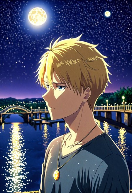 high resolution, solo, best quality, 1Boy, Yamato Ishida, Blond Hair, Necklace, depth of field, moon, fantastic night, dreamlike, midle of bridge, OverallDetail