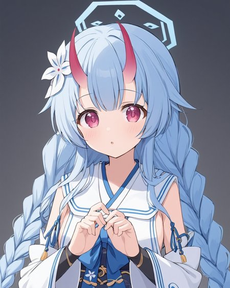 chise \(blue archive\),1girl, solo, hair_flower, white_background, simple_background, oni_horns, looking_at_viewer, japanese_clothes, detached_sleeves, braid, halo, upper_body, white_sailor_collar, :o, parted_lips, blue_bow, white_flower, wide_sleeves, obi, bridal_gauntlets
<lora:chise_(blue_archive)_image877_2023-11-26-000012:1>halo. gorgeous,key visual, vibrant, studio anime,award-winning, professional, highly detailed,high budget, cinemascope