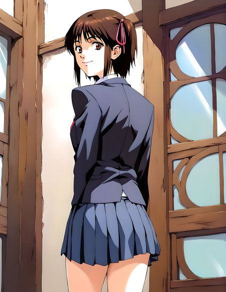 <lora:pony_xl_kayo>,kayo,score_9,score_8_up,score_7_up,source_anime,1girl,school uniform,blazer,long sleeves,collared_shirt,necktie,pleated skirt,cowboy_shot,looking_at_viewer,smile,standing,looking_back,socks,