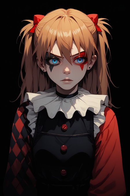 score_9, score_8_up, score_7_up, 
<lora:Muff_PDXL-000000:1>, 1girl, split-color hair, half red half black color hair, two colors rhombic makeup, solo, 
souryuu asuka langley, 1girl, blue eyes, neck ruff, ruffled collar, two colors argyle sleeve, red sleeve, black romper, 
cowboy shot, adult girl, 21 y.o., teen, <lora:Sinozick_Style_XL_Pony:1> sinozick style, dark theme, flat color, black background,