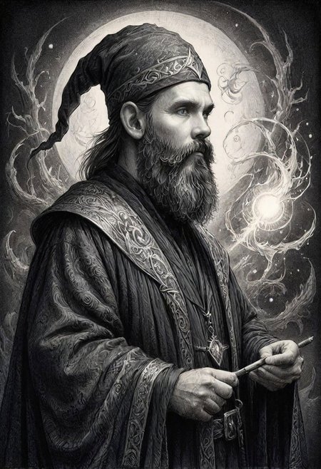 ink art, a black and white drawing of a bearded man wizard, a charcoal drawing by Ed Binkley, cgsociety, fantasy art, charcoal drawing, pencil sketch, detailed painting