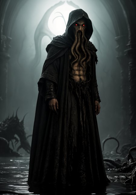 analog, raw, amateur photograph, majestic intricately detailed glamor photograph, (imposing evil cthulhu monster, monstrous eldrich horror, tattered filthy hooded robes, squid face, reflective eyes:1.4), smooth translucent skin, subsurface scattering, detailed (pale sickly wet skin:1.4), tentacle fingers, terrible, in a vast dark destroyed medieval cathedral, crumbling stone work, rubble, (flooded:1.2), regal, hideous, (backlit:1.3), , dynamic angle, professional, soft lighting, smooth, roughness, real life, cinematic film still from (evil dead:0.4)|(cannibal holocaust:0.1)|game of thrones:0.3)|(vikings:0.3)|Scary Stories To Tell In the Dark|doom|the void, dark fantasy style,