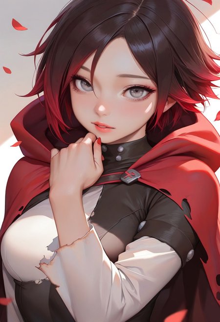 masterpiece, best quality, very aesthetic, high resolution, ultra-detailed, absurdres, newest, extremely detailed eyes, beautiful, perfect lighting, hi res, amazing quality, very awa, Brightly Lit, Highly Visible, 8k, sharp focus, beautiful, perfect lighting, volumetric lighting, scenery, painting_(artwork), Type_TRP, 1girl, ruby rose, black hair, grey eyes, short hair, looking at viewer, red cape, multicolored hair, red hair, torn clothes, upper body, red nails, nail polish, petals, gradient hair, long sleeves, two-tone hair, parted lips, torn cape, hooded cloak, realistic