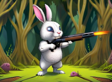 A  cute rabbit shoots  with a shotgun in the forest <lora:rob_sheridan_drawing_style:1>