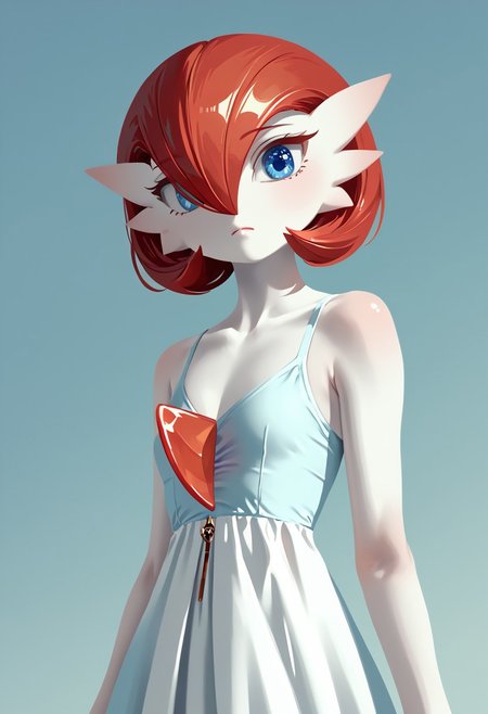 (((Gardevoir))), Female, anthro, ((pale white skin)), Stable_Yogis_PDXL_Positives, zPDXL3, Expressiveh, score_9, score_8_up, score_7_up, masterpiece, source anime, Anime Style, Raw Photo, midjourneyv6.1,
dutch angle, dynamic light, 
1girl, solo, adult and mature look, 40 years old, older looking, ((short hair)), flatchest, looking at viewer, serious look, (blue eyes), flat chest, ((red hair)), (gardevoir dress), detailed dress, hair between eyes, closed mouth,  covered shoulders, flat chest, upper body,  casual dress,  eyelashes, ((plain background)), (((croma key background))), (lineless:1.5), FastNegativeV2